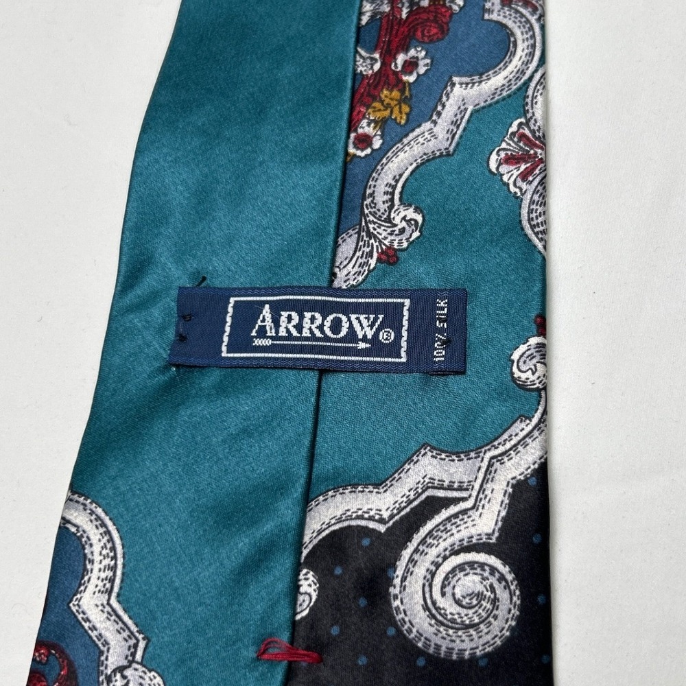 Arrow Mens Vintage Baroque Polka Dot Silk Necktie 57" Long Teal Navy Burgundy - Picture 3 of 6
